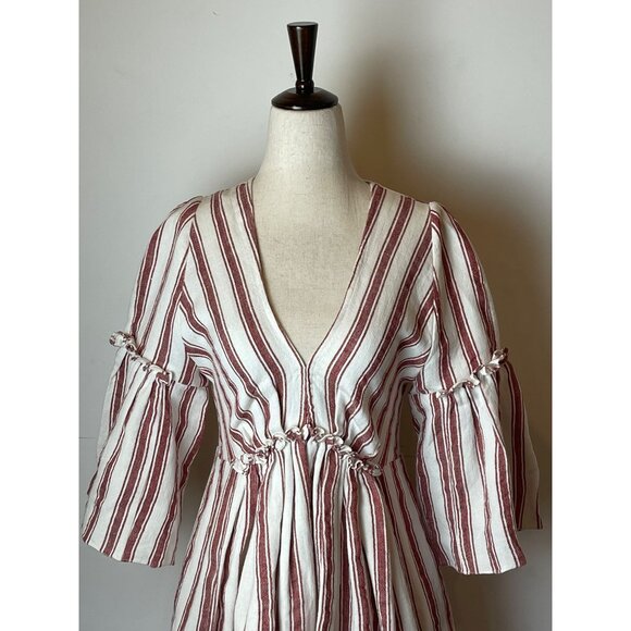 Three Graces London Red & White Striped Linen Open Back Georgianna Midi Dress 6 - Picture 5 of 11